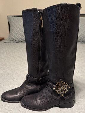 Tory Burch Black Leather Knee Boots with Gold Logo Hardware